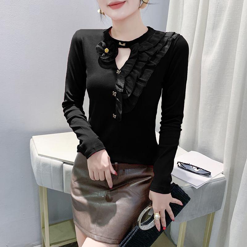 Long-Sleeve Round Neck Plain Floral Accent Frill Trim Cutout Slim Fit T-Shirt Product Image