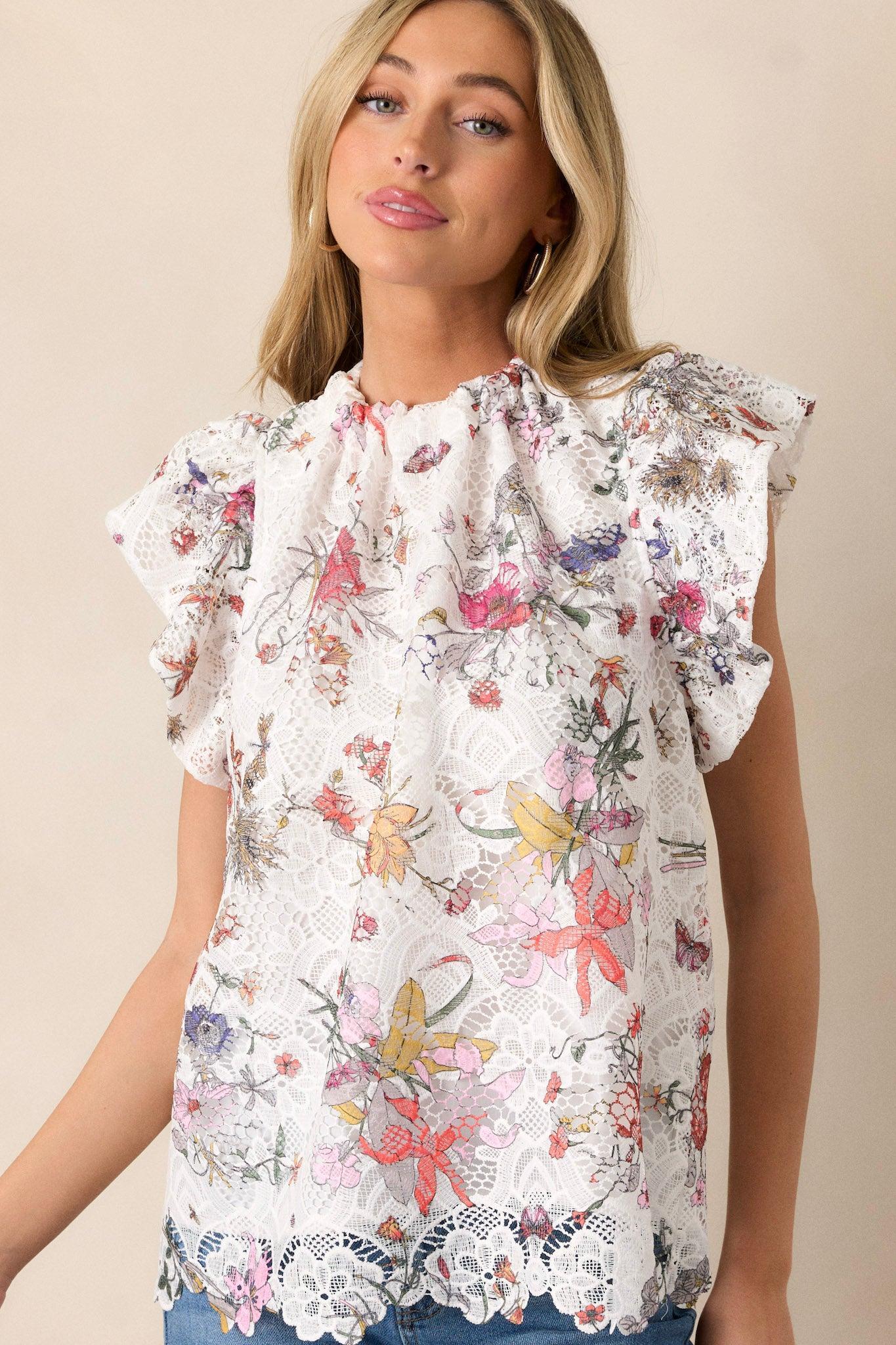 Flora Fauna White Multi Floral Lace Top Product Image