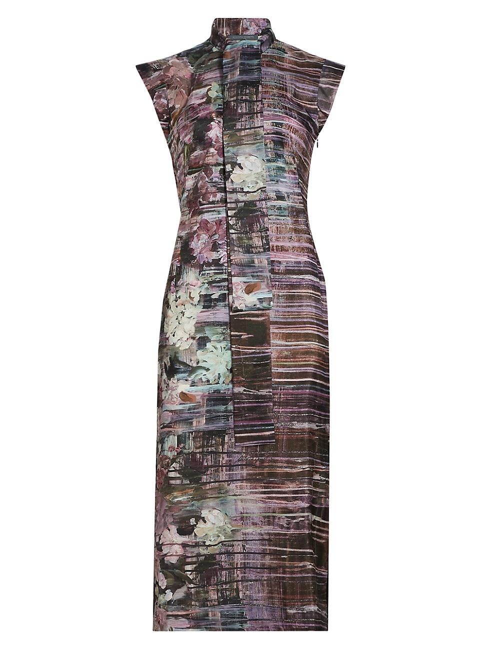 Womens Abstract Floral Silk Midi-Dress Product Image