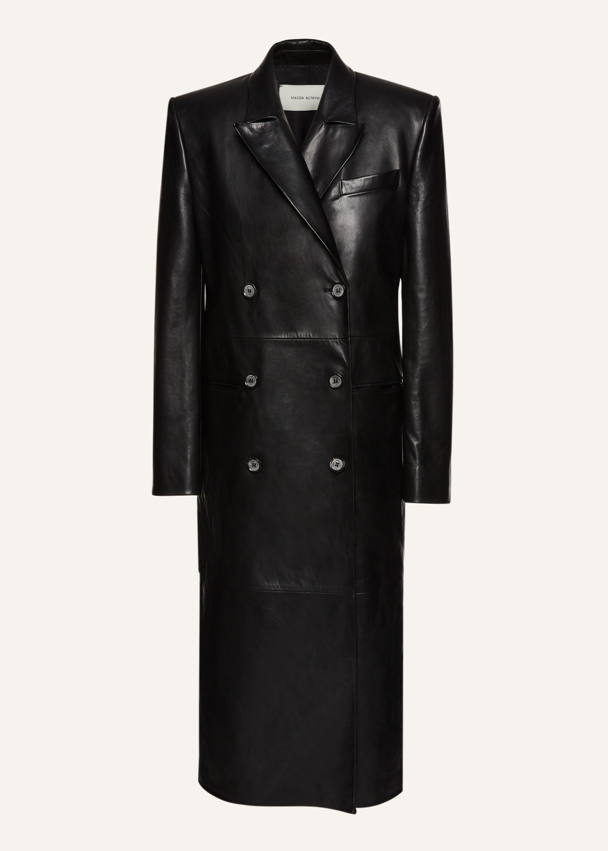 Double-breasted leather coat in black product image