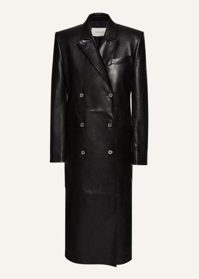 Double-breasted leather coat in black Product Image