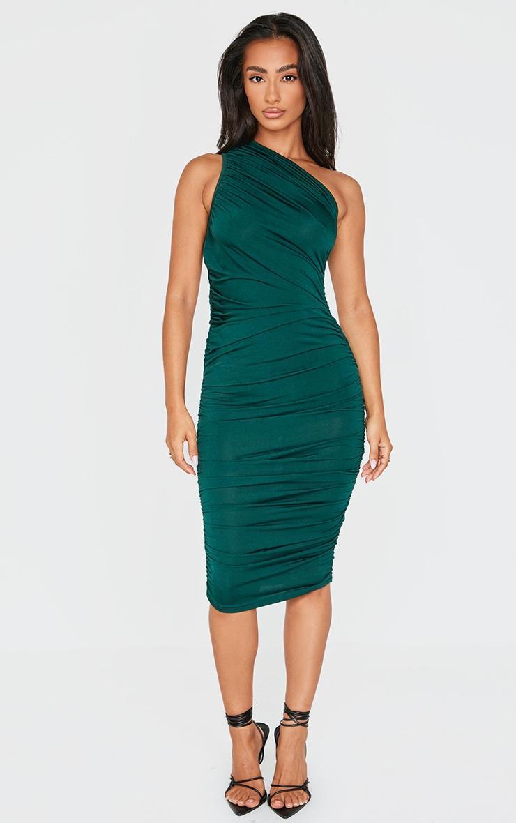 Petite Emerald Green Slinky Ruched One Shoulder Longline Midi Dress Product Image