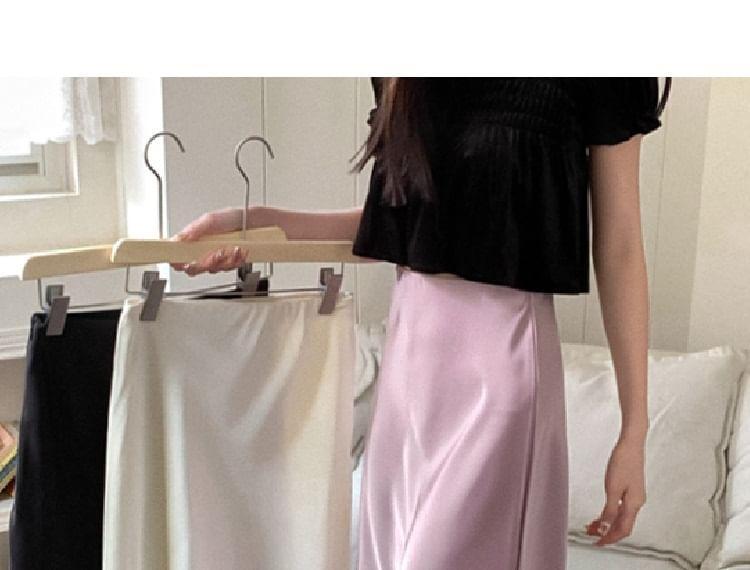 High-Waist Satin Midi Skirt Product Image