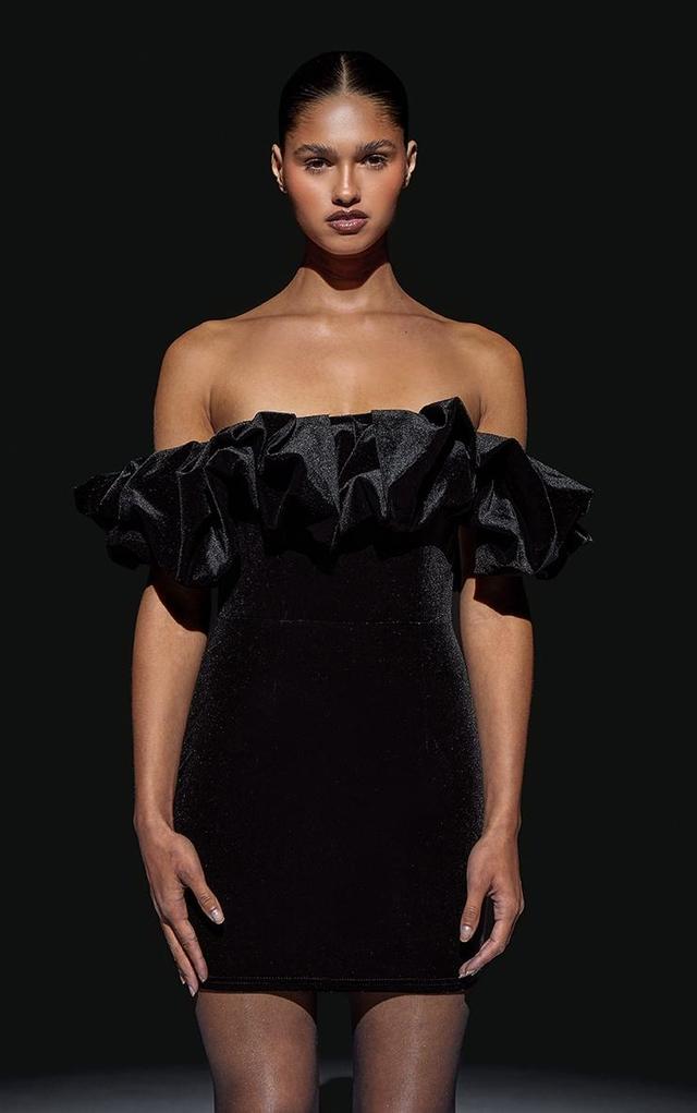 Black Velvet Bardot Ruffle Bodycon Dress Product Image