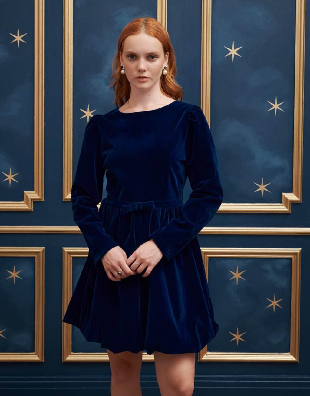 Sister Jane velvet puffball mini dress in midnight navy Product Image