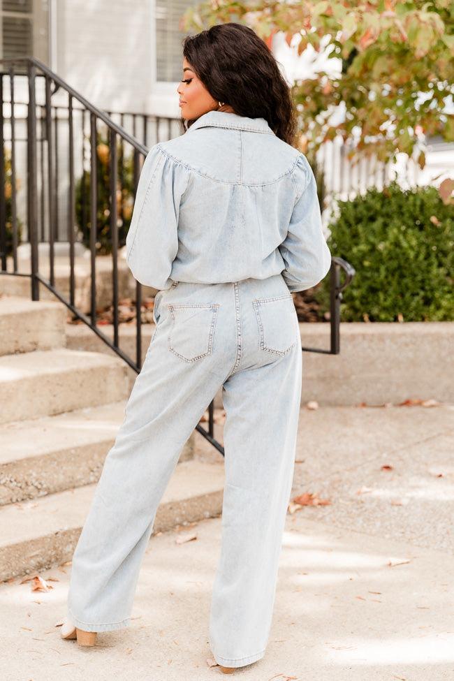 One More Time Long Sleeve Belted Denim Button Up Jumpsuit FINAL SALE Product Image