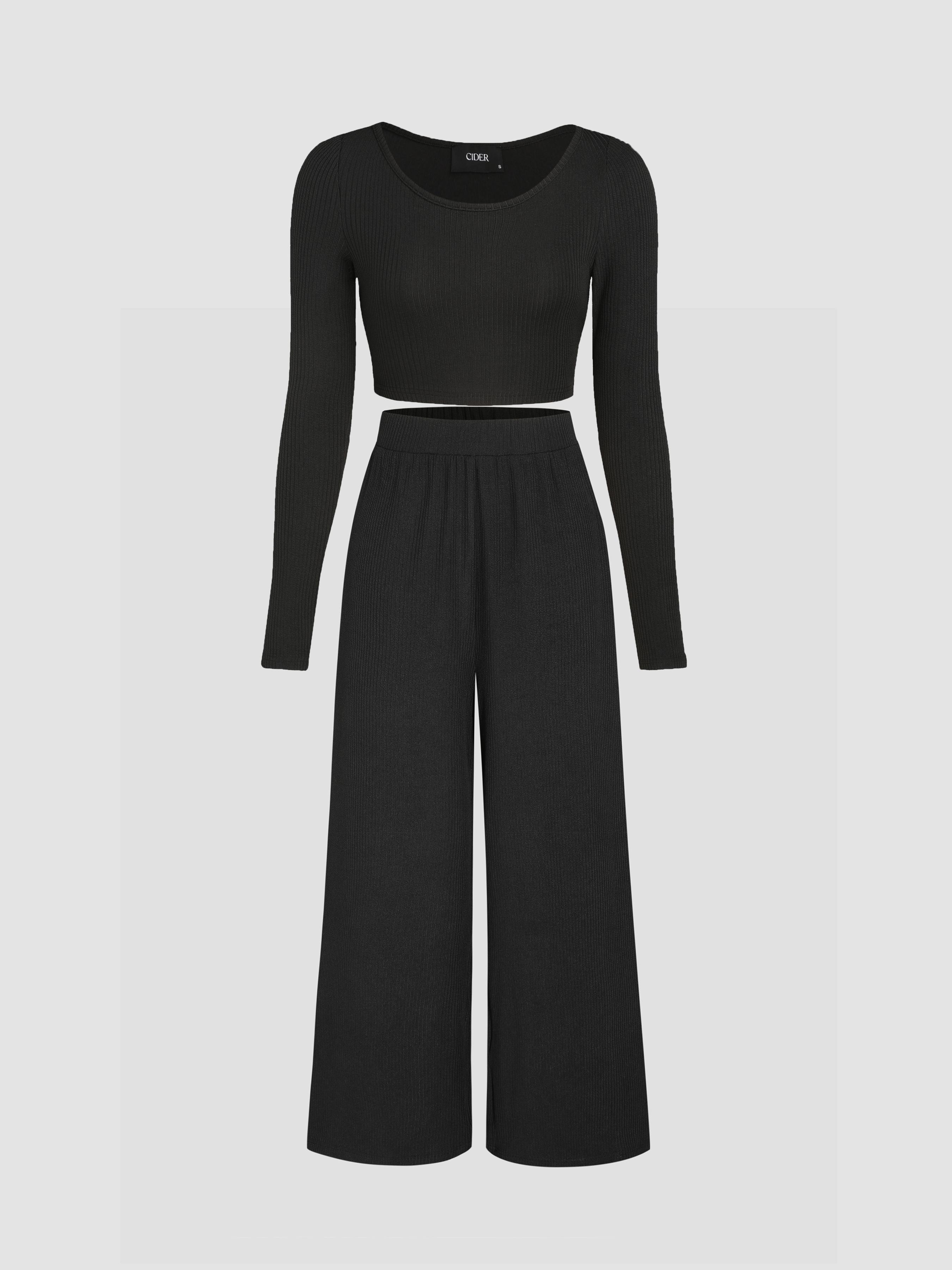 Solid Knitted Crop Top &  Wide Leg Trousers Set Product Image