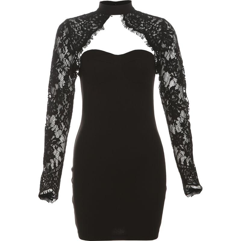 Long-Sleeve Plain Lace Panel Mini Bodycon Dress Product Image