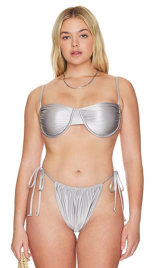 Good American Ruched Demi Cup Top in Metallic Silver. Product Image