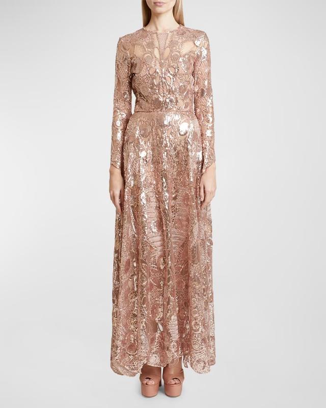 Sequin Embroidered Tulle Long-Sleeve Gown Product Image