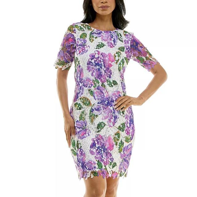 Womens Nina Leonard Elbow Sleeve Floral Print Lace Sheath Mini Dress Vibrant Purple Team Product Image