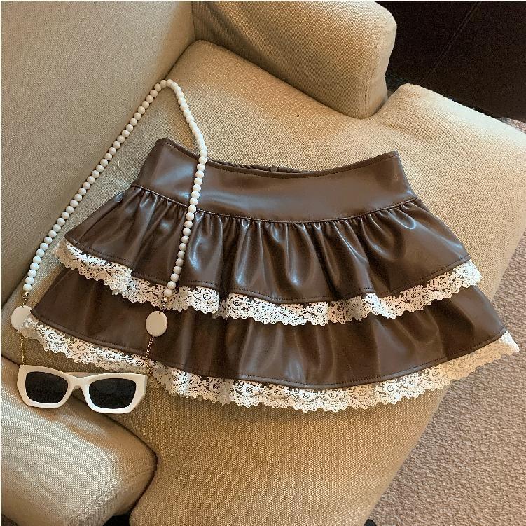 Tiered Lace Trim Faux Leather Skort Product Image