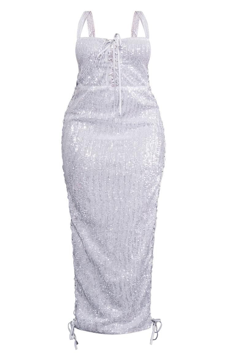 Shape Silver Sequin Lace Up Maxi Dress Product Image