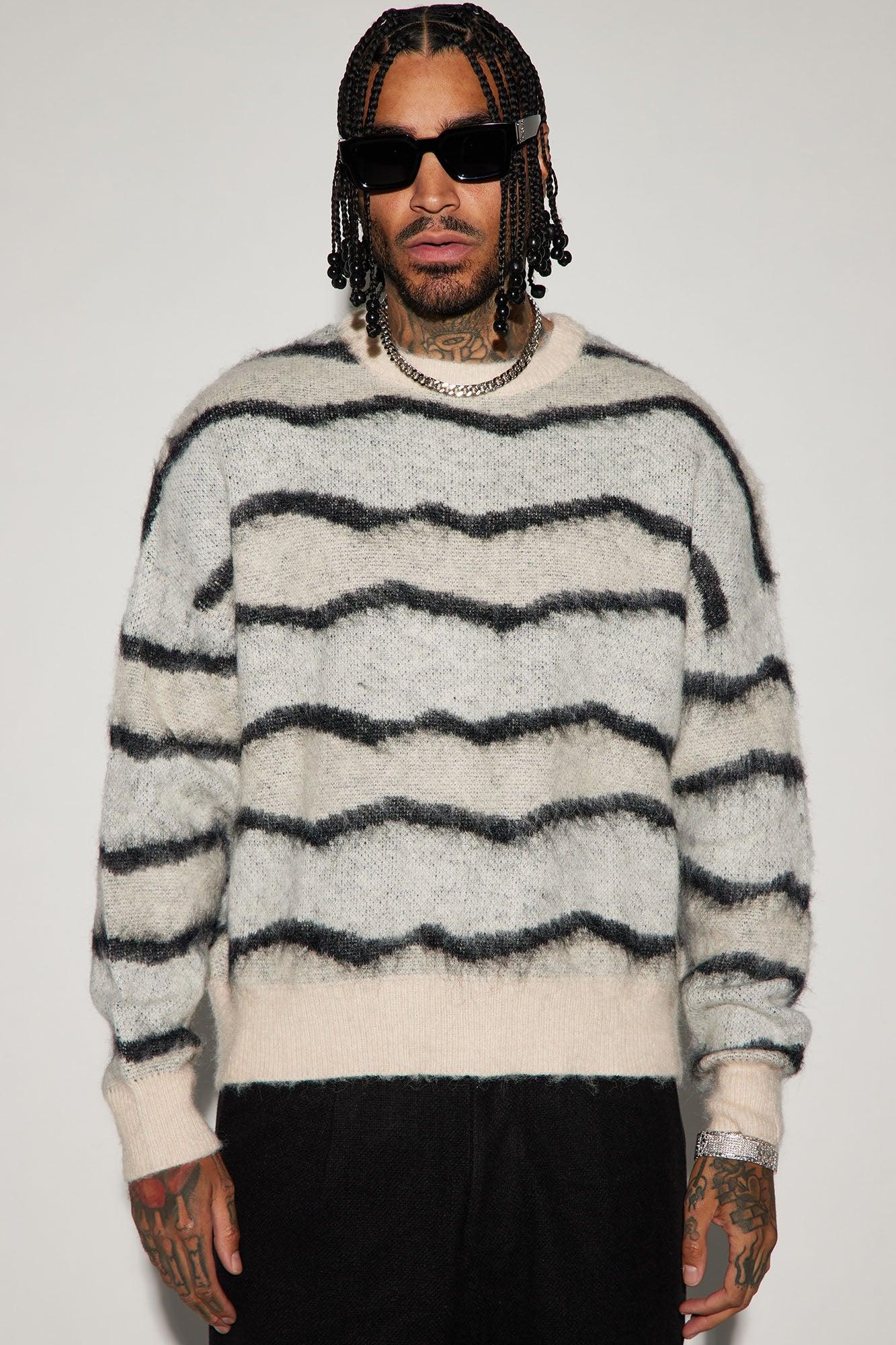 Uneven Lines Fuzzy Crewneck Sweater - Cream/combo Product Image