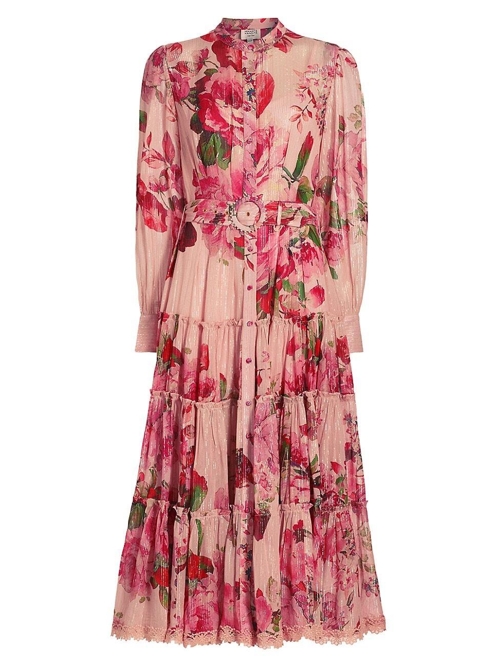 Womens Floral Metallic Belted Maxi Dress Product Image