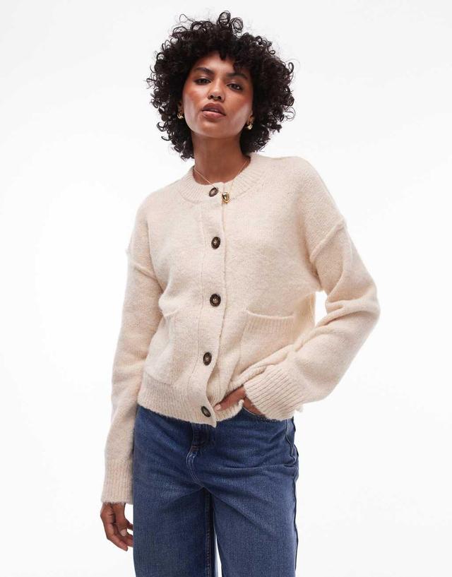 Topshop knitted exposed seam crew cardi with pockets in cream Product Image