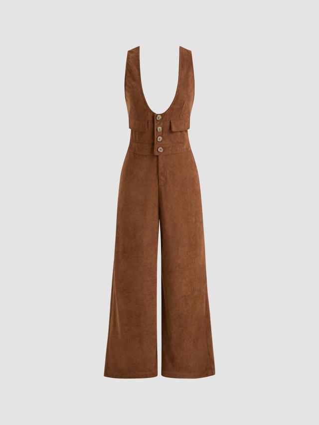 Corduroy Scoop Neckline Solid Button Pocket Jumpsuit Product Image