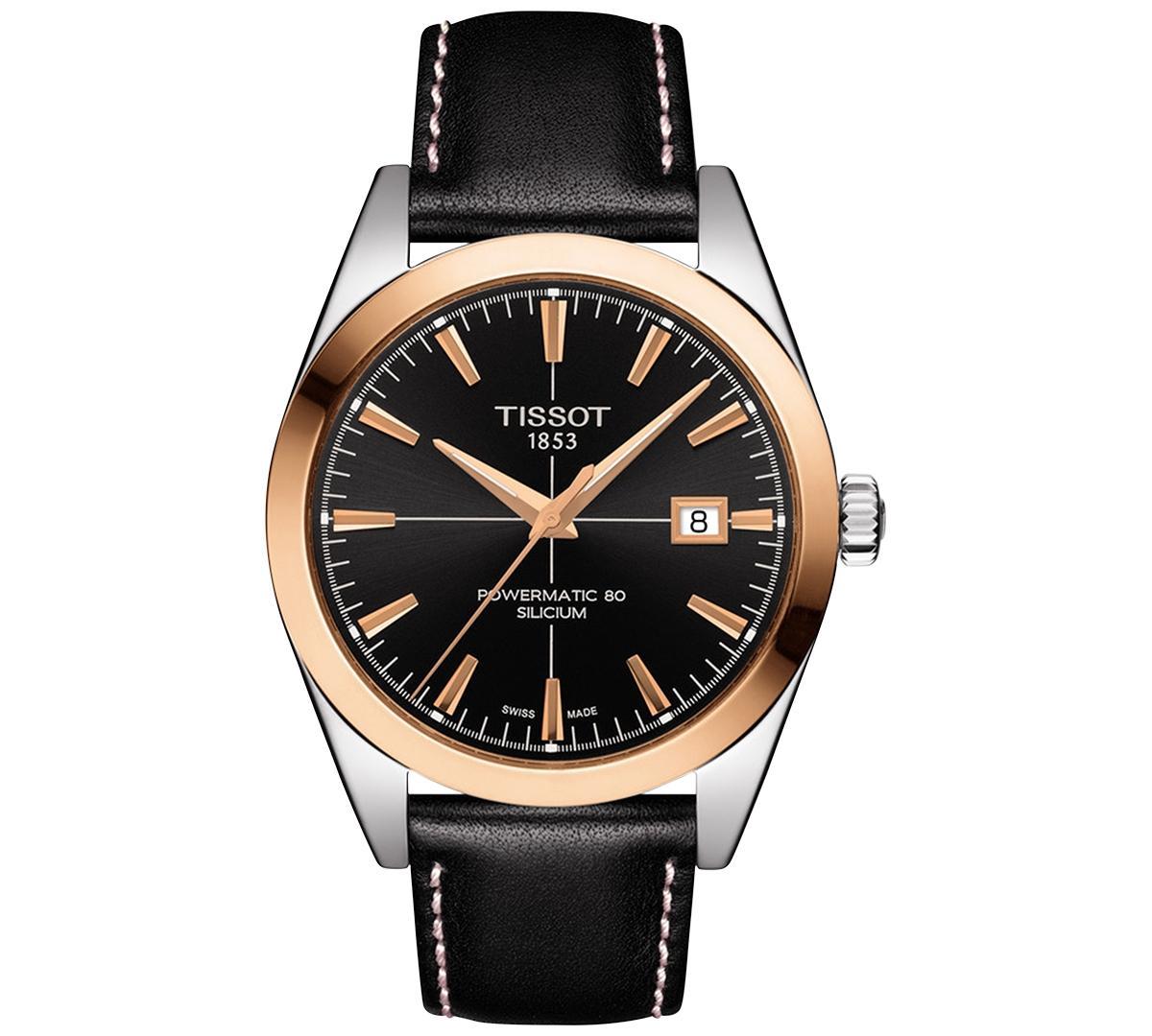 Tissot Mens Swiss Automatic Gentlemen Black Leather Strap Watch 40mm Product Image