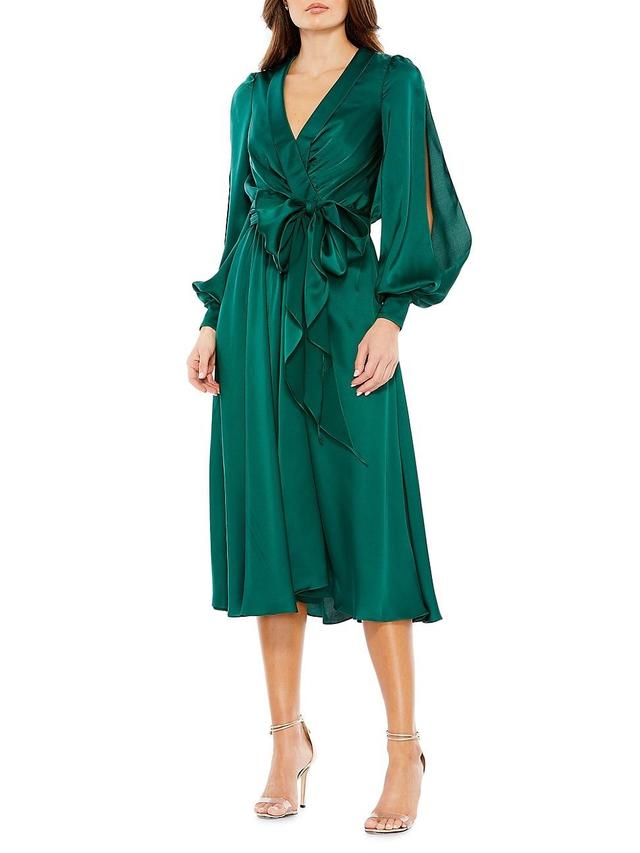 Womens Collared Faux-Wrap Bishop-Sleeve Midi-Dress Product Image