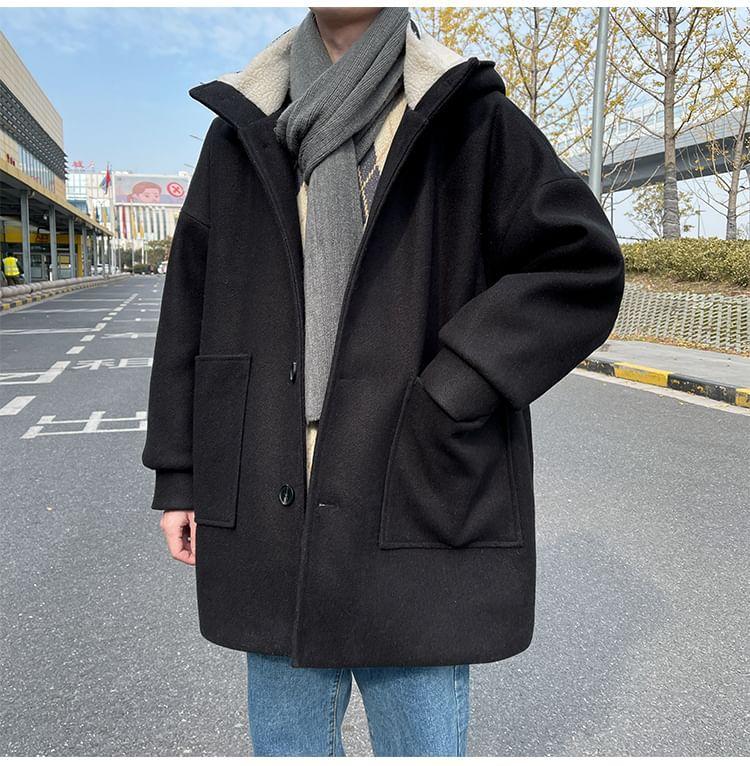 Plain Hooded Midi Single-Breasted Coat Product Image