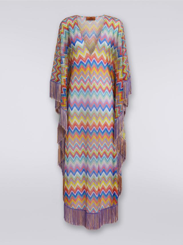 Long cover-up kaftan with zigzag print and fringes Product Image