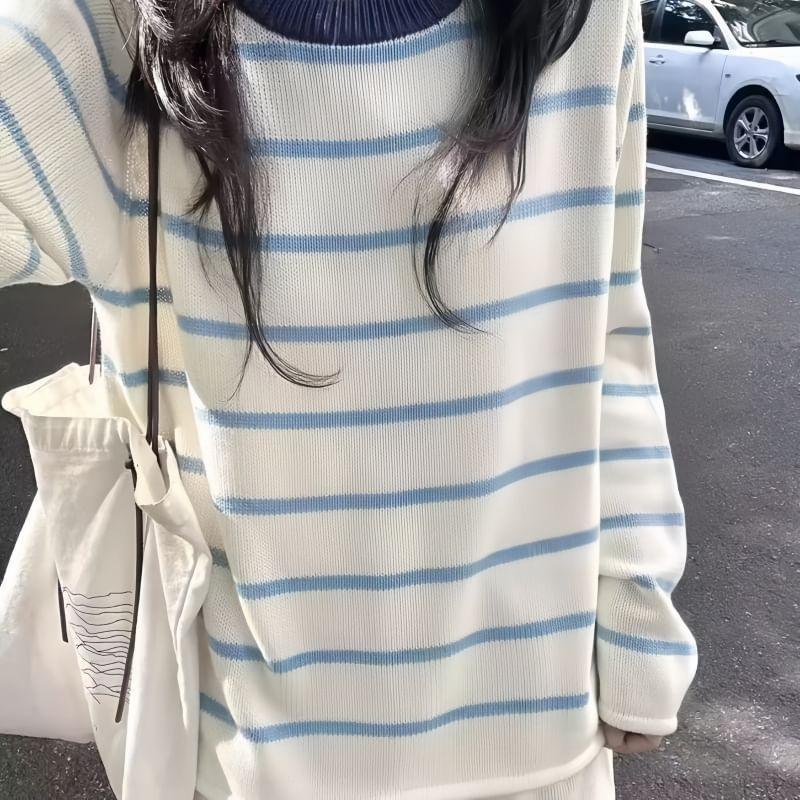 Long-Sleeve Crewneck Striped Knit Top Product Image