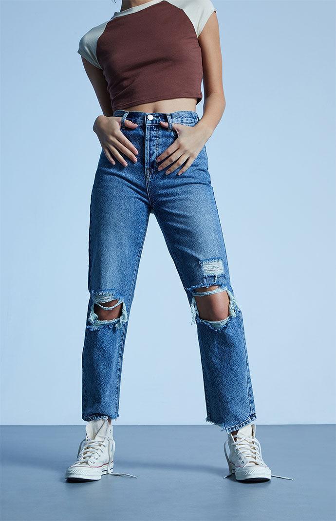 Women's Eco Medium Blue Distressed High Waisted Straight Leg Jeans Product Image