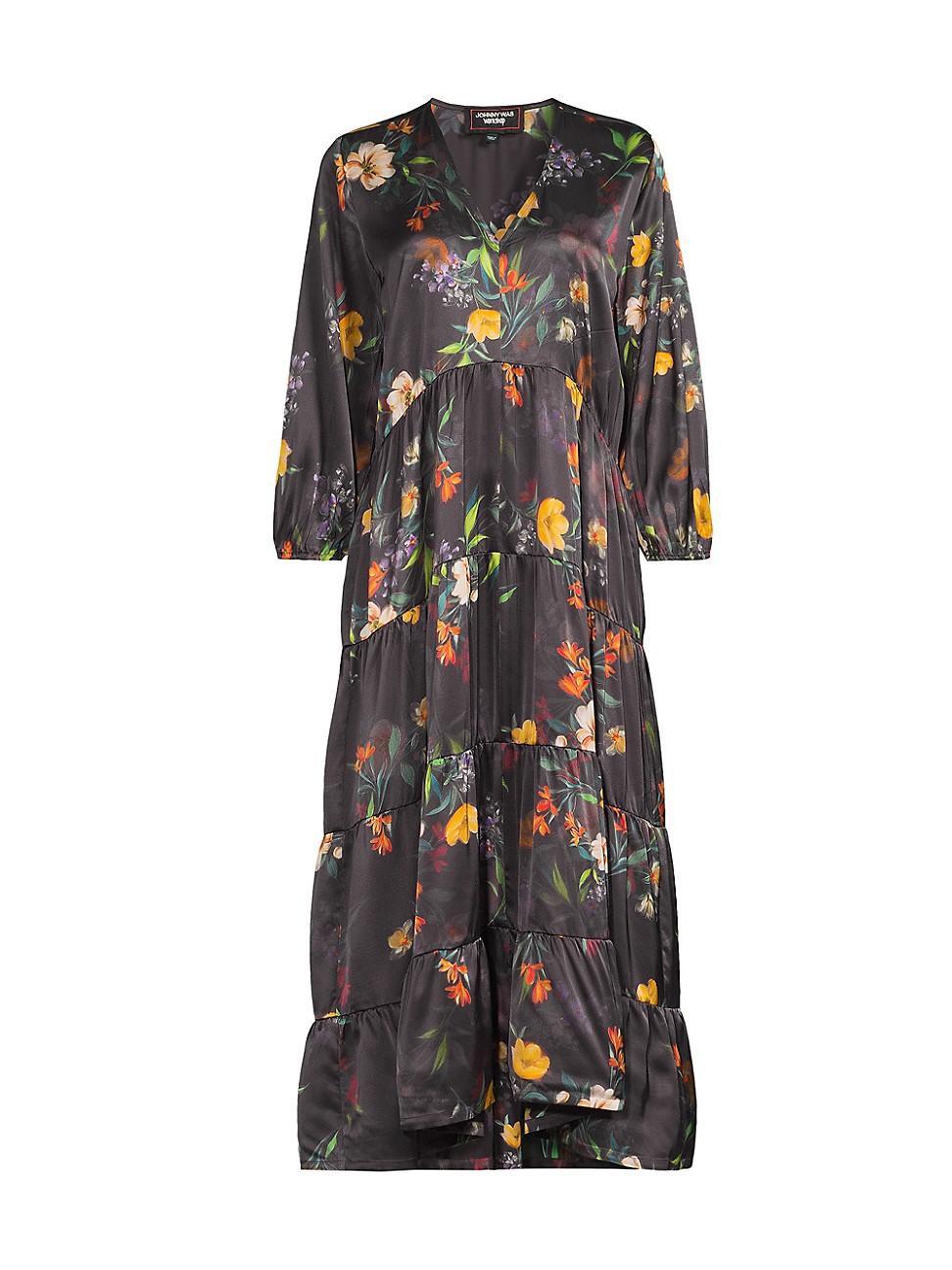 Womens Floral Silk Bishop-Sleeve Tiered Midi Dress Product Image