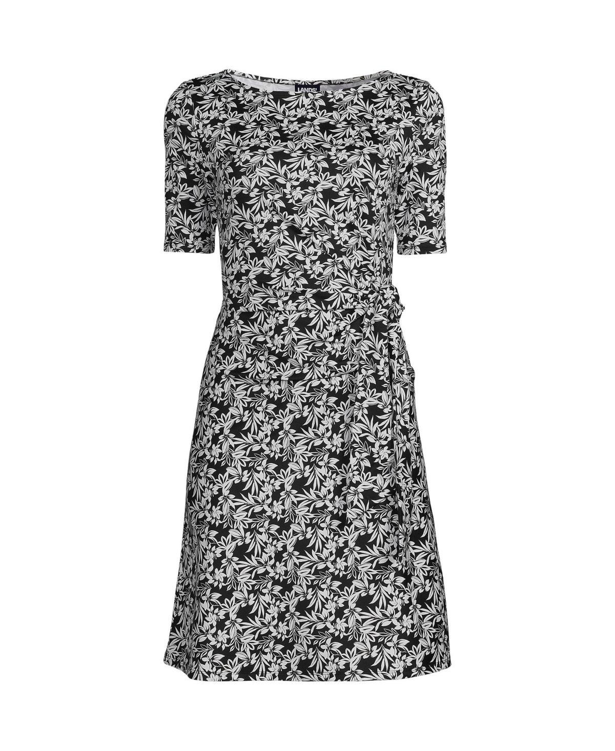 Lands End Womens Elbow Sleeve Tie Waist Dress - Black Product Image