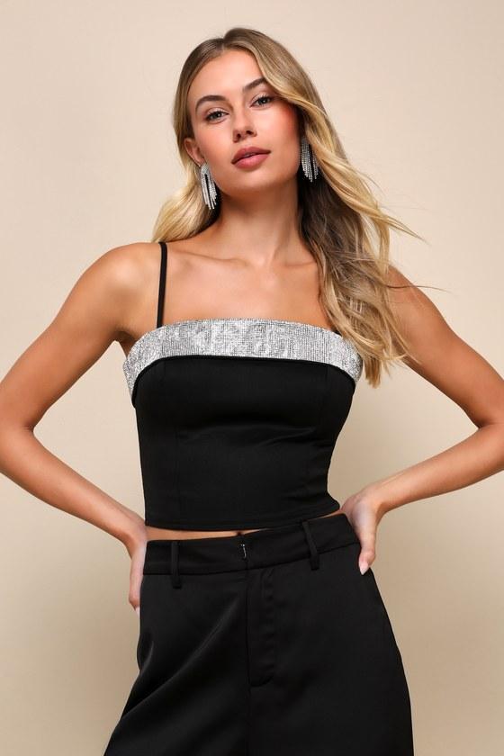 Sparkling Fixation Black Rhinestone Sleeveless Crop Top Product Image