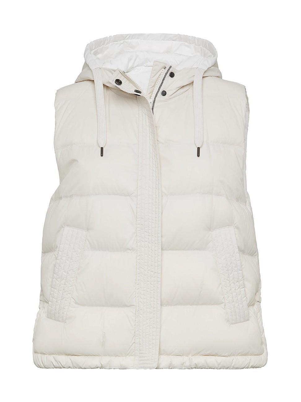 Womens Lightweight Matte Nylon Down Vest with Hood and Shiny Trim Product Image