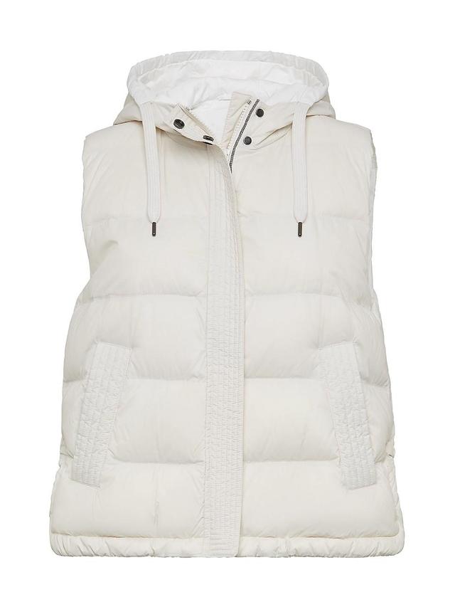 Womens Lightweight Matte Nylon Down Vest with Hood and Shiny Trim Product Image