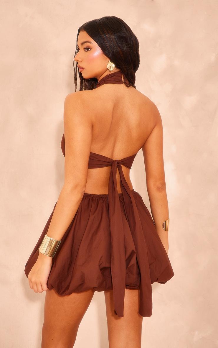 Chocolate Woven High Neck Tie Back Puff Ball Dress Product Image