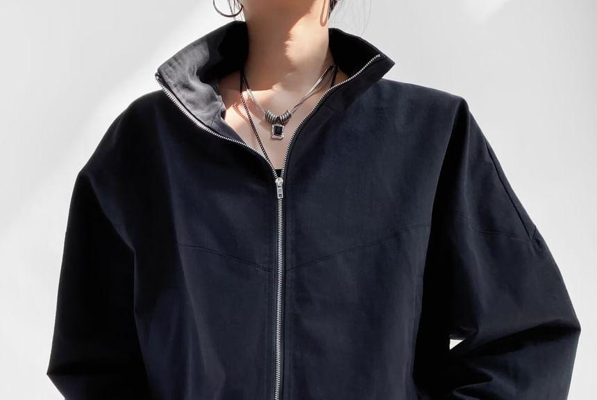 Stand Collar Plain Drawstring Zip Jacket Product Image