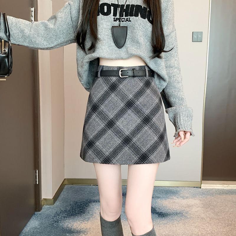 High Rise Plaid Mini A-Line Skirt Product Image