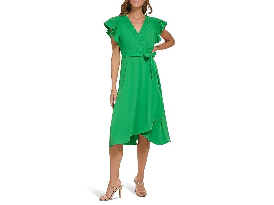 DKNY Flutter Sleeve Faux Wrap Scuba Crepe Dress (Apple Green) Women's Clothing Product Image