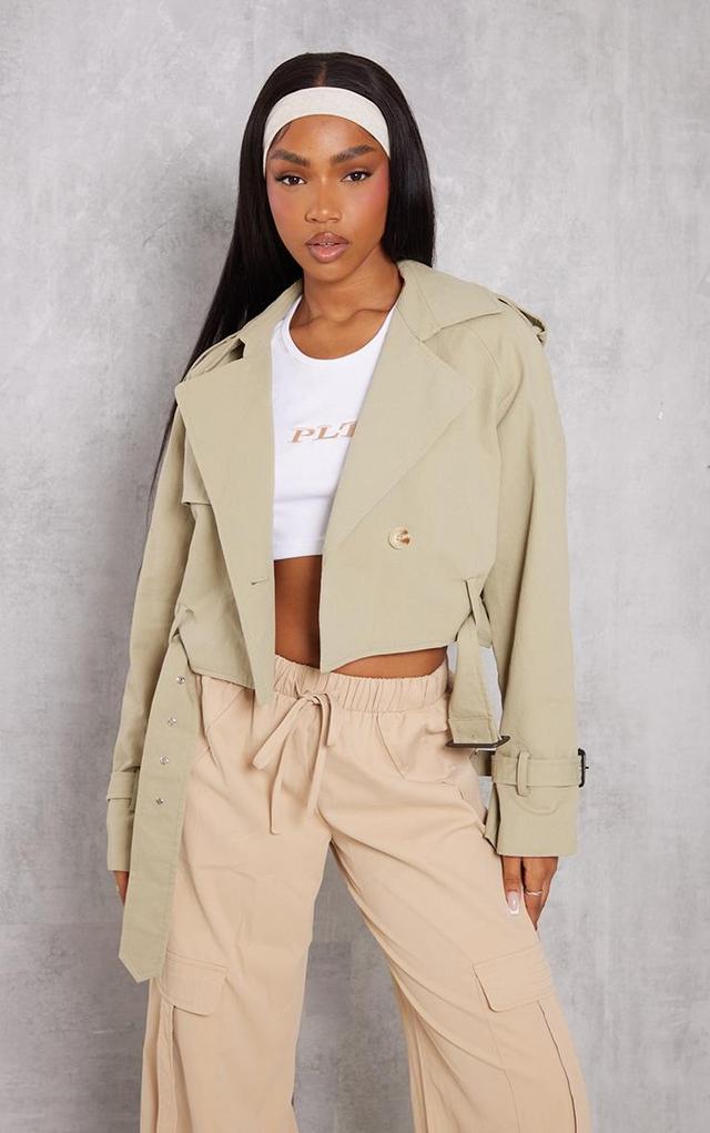 Light Khaki Cropped Belted Hem Trench Coat Product Image