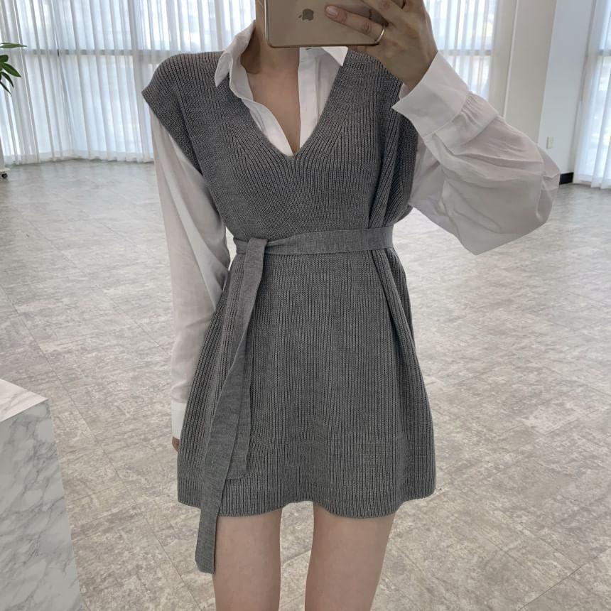 V-Neck Plain Ribbed Mini Knit Dress Product Image