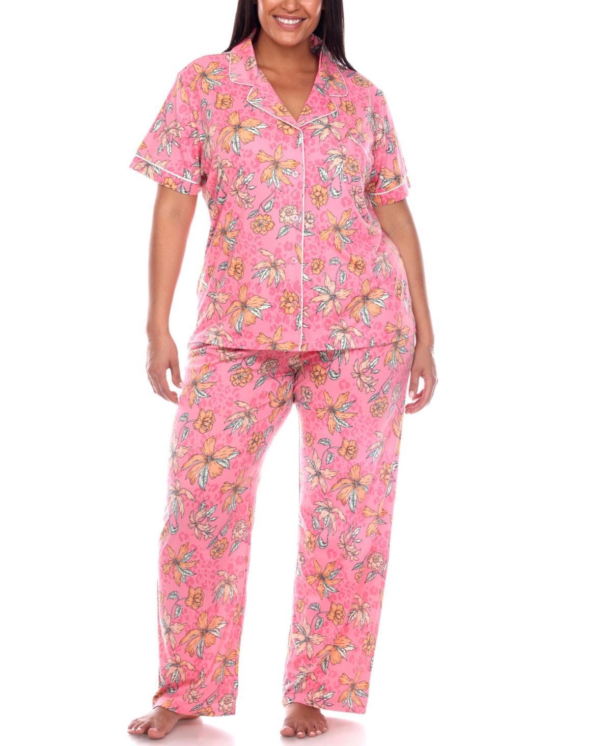 White Mark Plus Size Short Sleeve Pants Tropical Pajama Set, 2-Piece - White Product Image