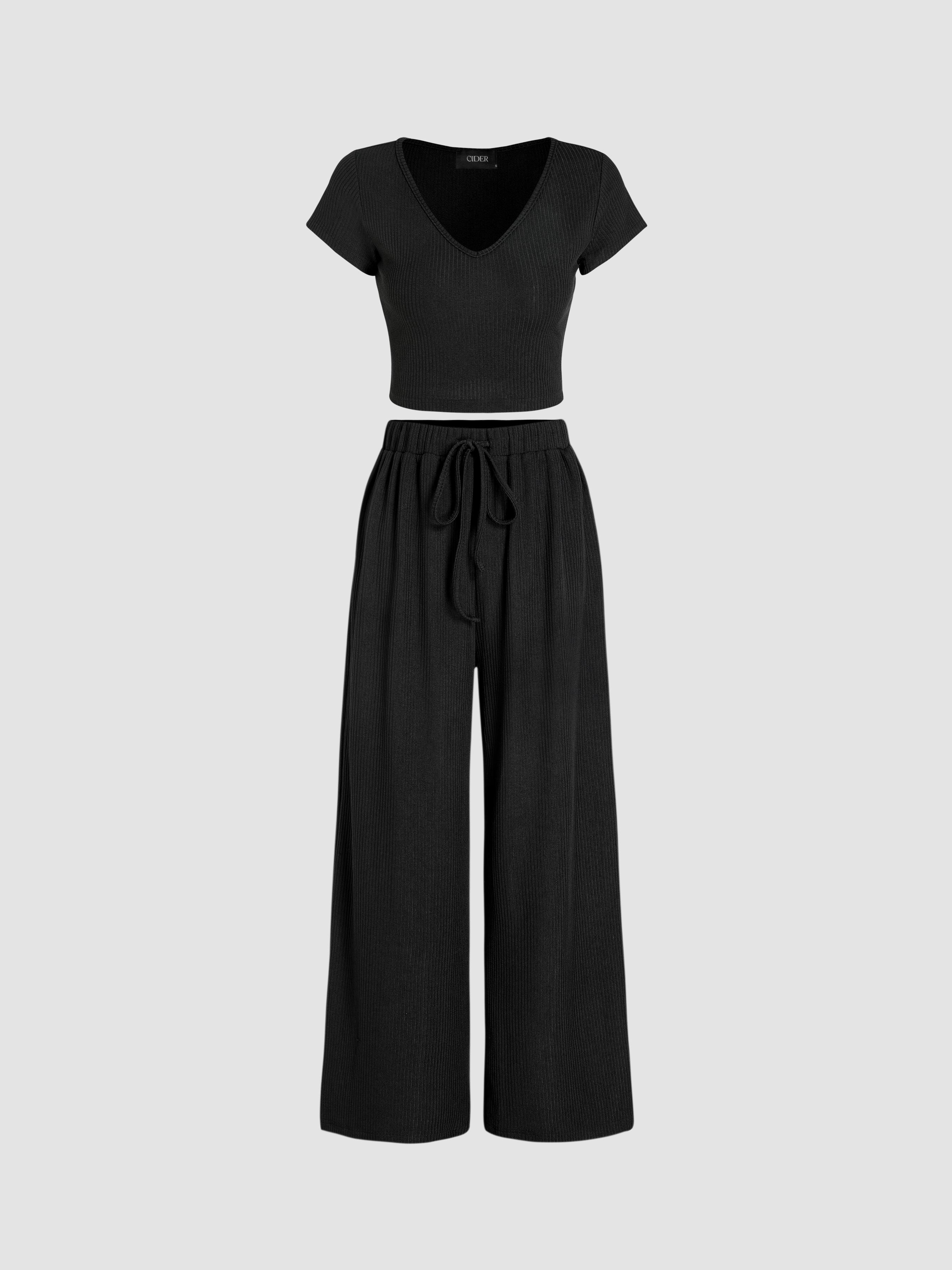 V-neck Short Sleeve Crop Tee & Knotted Wide Leg Pants Set product image