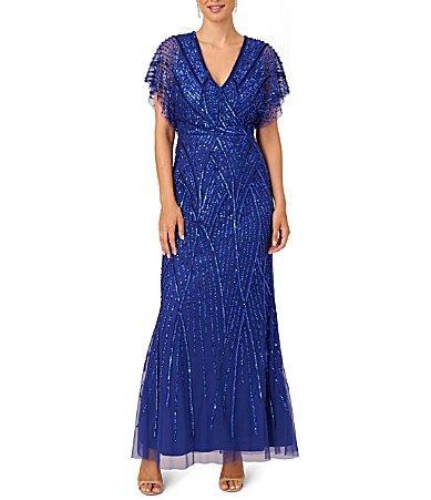 Adrianna Papell Beaded V-Neckline Short Sleeve Gown Product Image