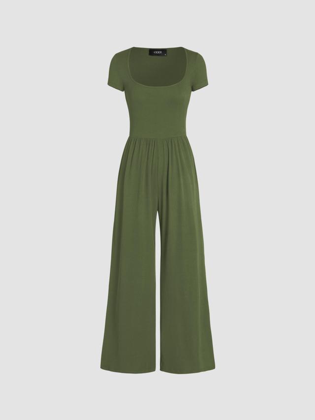 Scoop Neckline Short Sleeve Wide Leg Jumpsuit Product Image