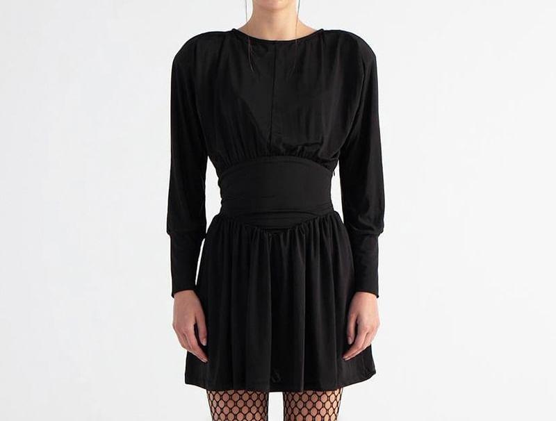 Long-Sleeve Crew Neck Plain Ruched Mini A-Line Dress Product Image