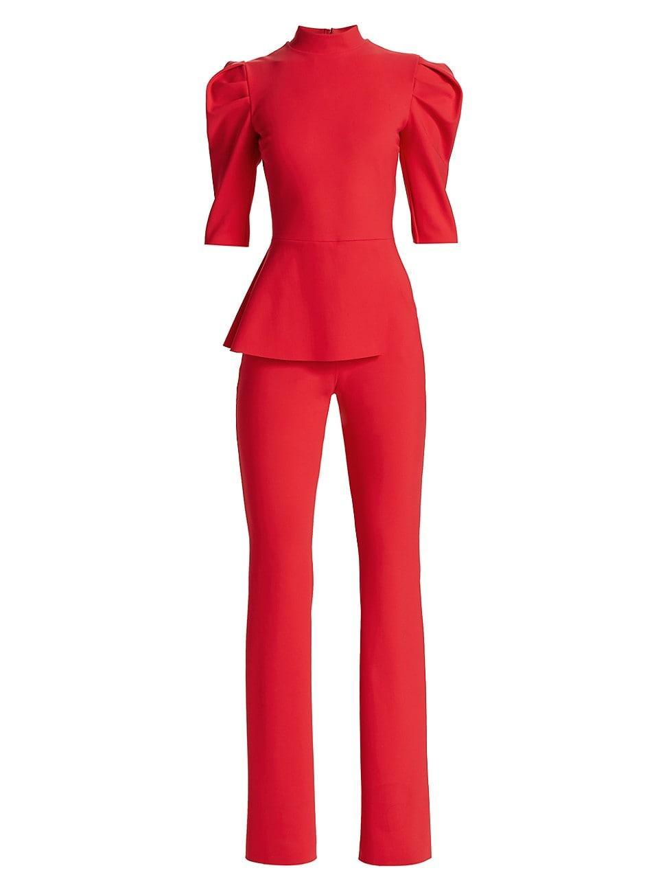 Womens Mixed-Media Puff-Sleeve Jumpsuit Product Image