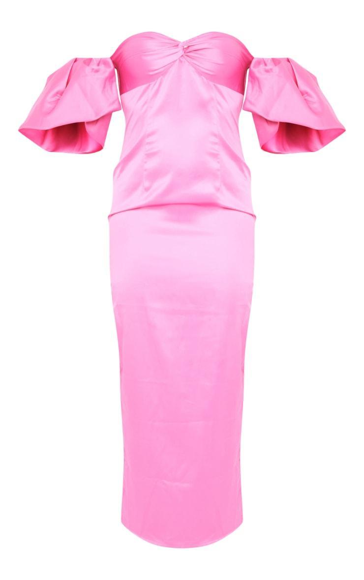 Hot Pink Satin Knot Bust Puff Sleeve Bardot Midaxi Dress Product Image