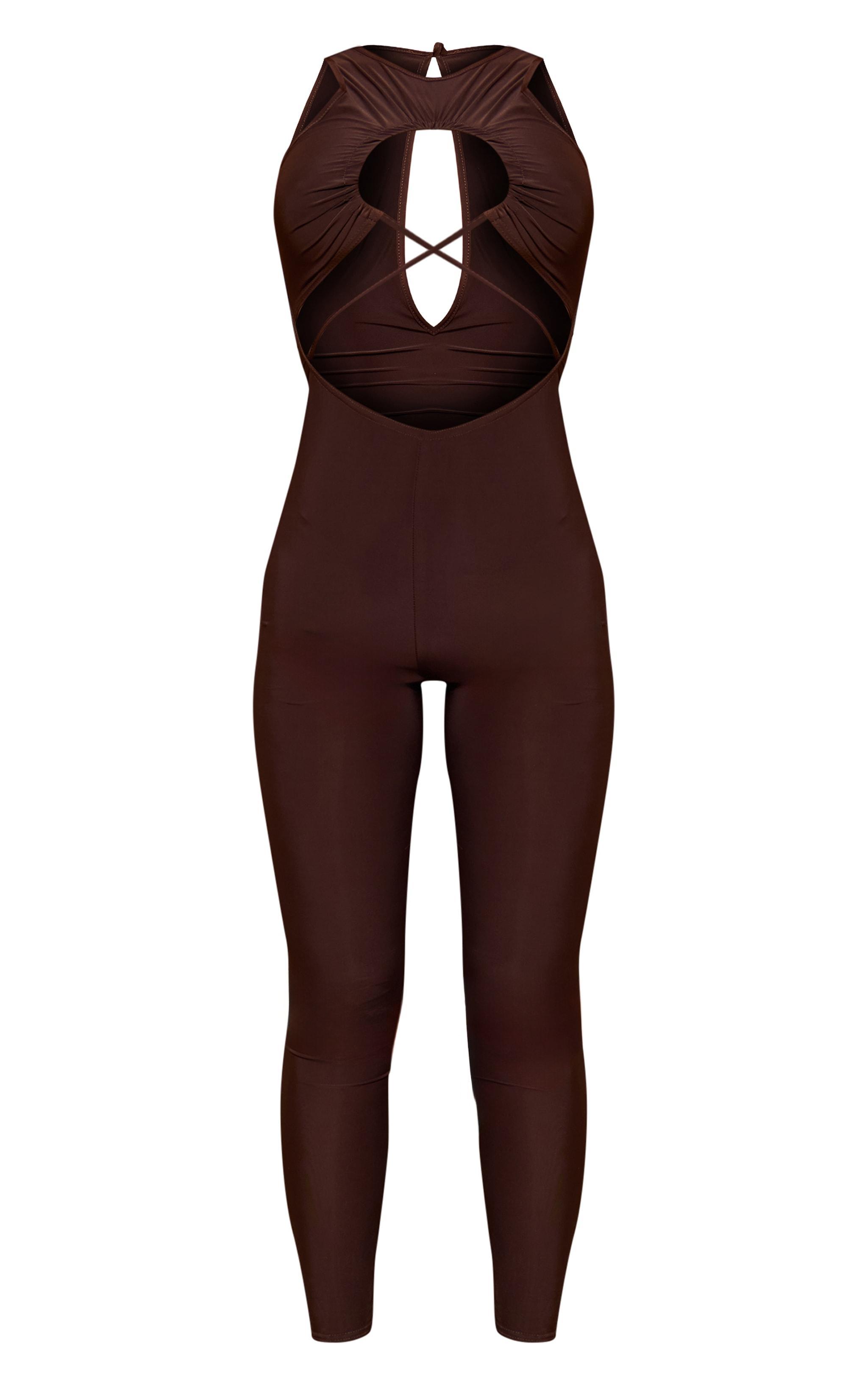 Chocolate Slinky Twist Front Racer Neck Jumpsuit Product Image