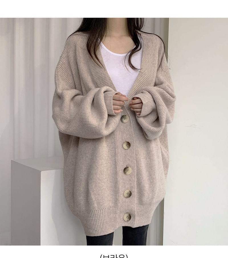 Balloon Sleeve V-Neck Plain Cardigan Product Image