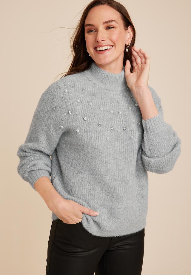 Maurices Womens Faux Pearl Embellished Mock Neck Sweater Gray Size Small Product Image