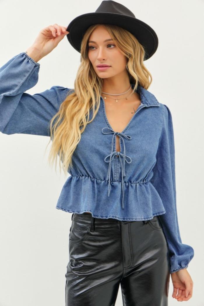 L/S Denim Peplum Top Product Image