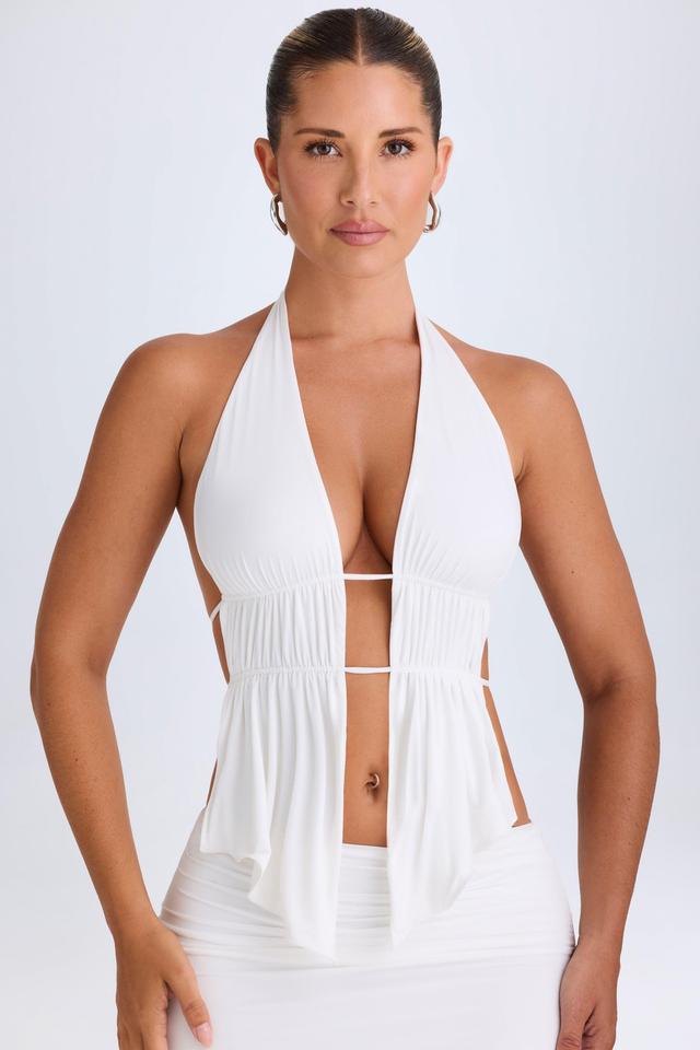 Cut-Out Ruched Halterneck Crop Top in White Product Image